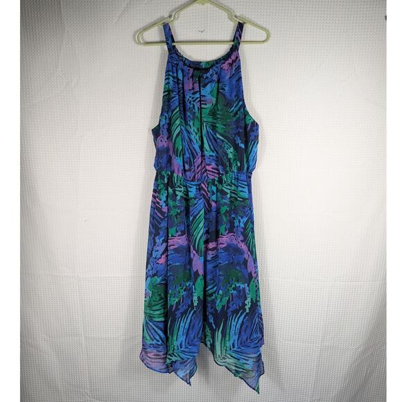 Lane Bryant 18/20 Tropical Blue Green Handkerchief Hem Sleeveless Dress Plus - Picture 1 of 4